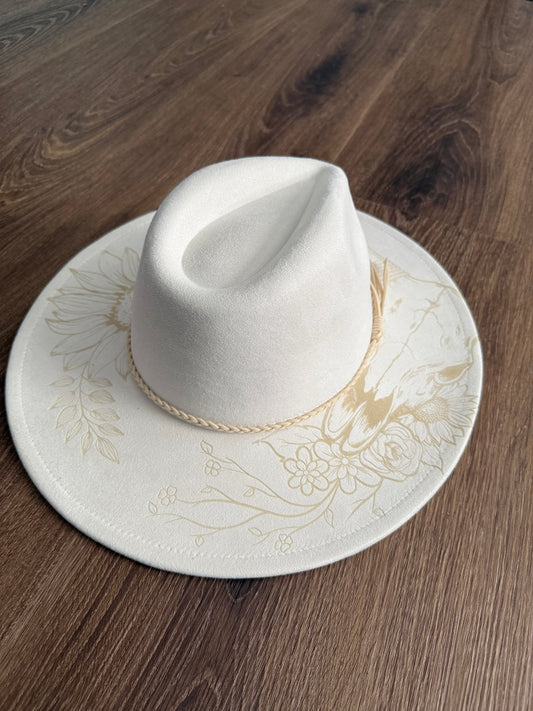 HAND BURNED LONGHORN SUNFLOWER HAT